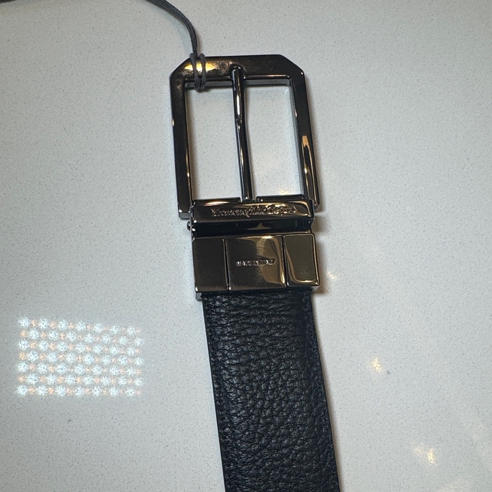 Ermenegildo Zegna Reversible Leather Belt Black & Grey Silver Buckle NWT - Picture 2 of 8
